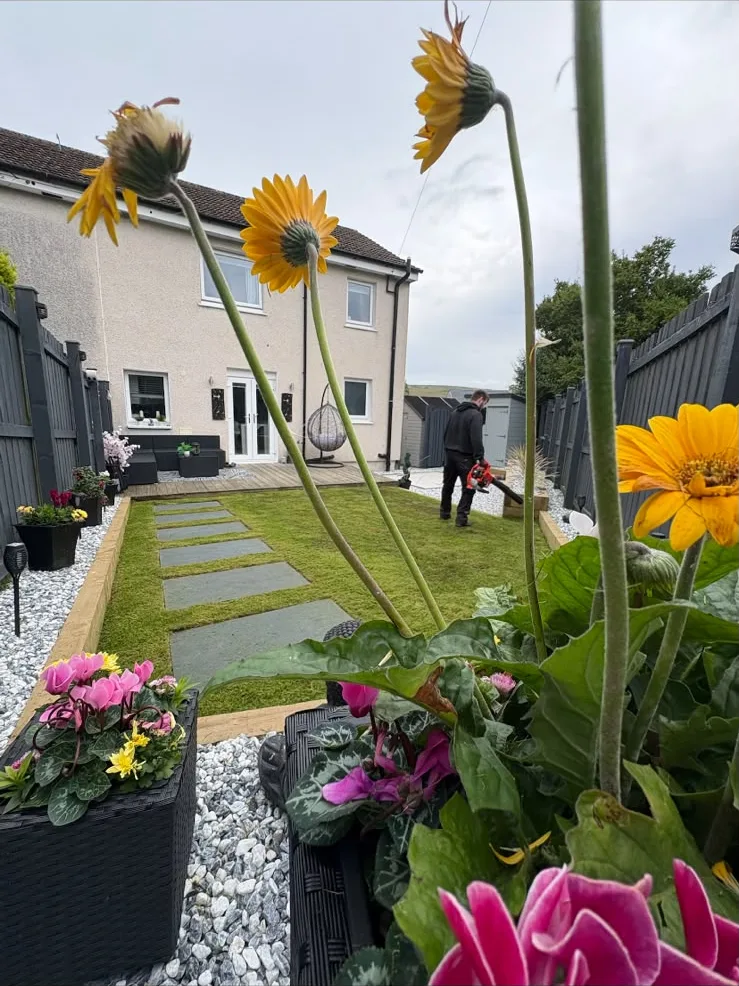 Finished Ayr garden with sleeper edging, chips and stepping stones.