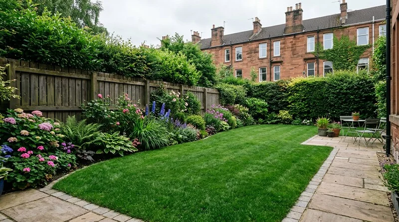 Freshly laid turf covering a garden lawn area.