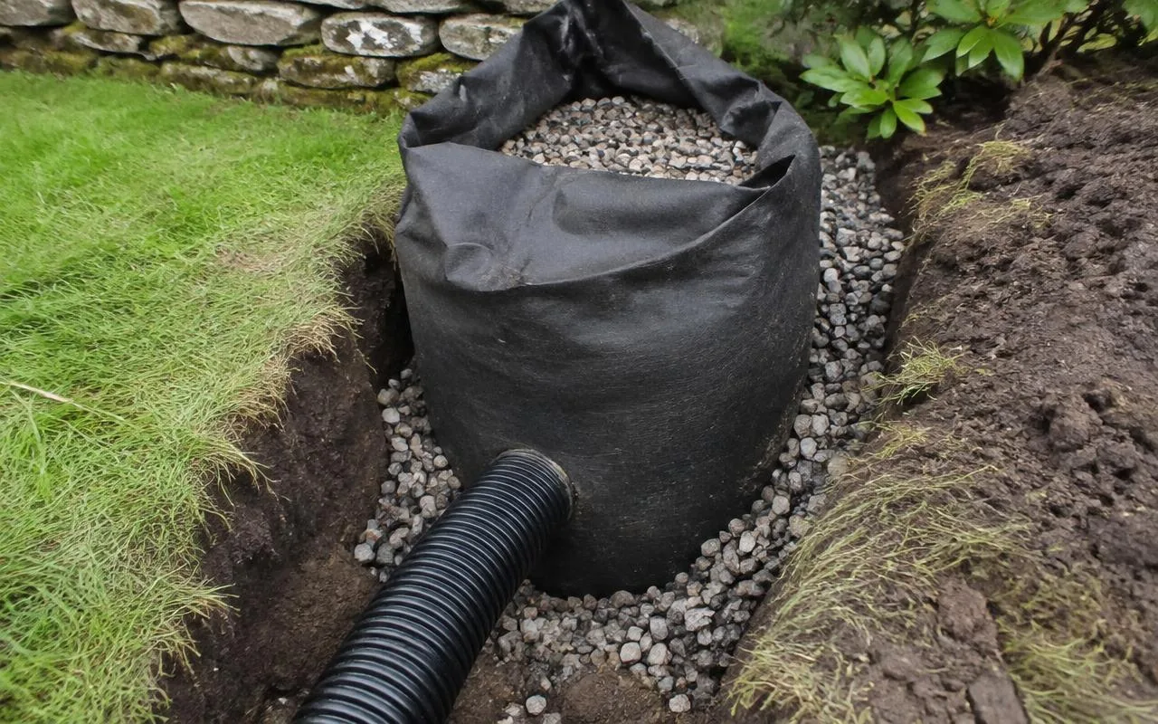 Silt sack drain at the end of a land drainage pipe, set in a gravel pit in a garden ready to be closed and buried.