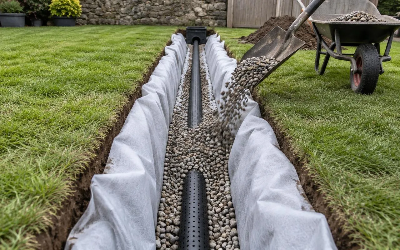 French drain under construction in a garden, with a perforated pipe in a membrane-lined trench being backfilled with gravel.