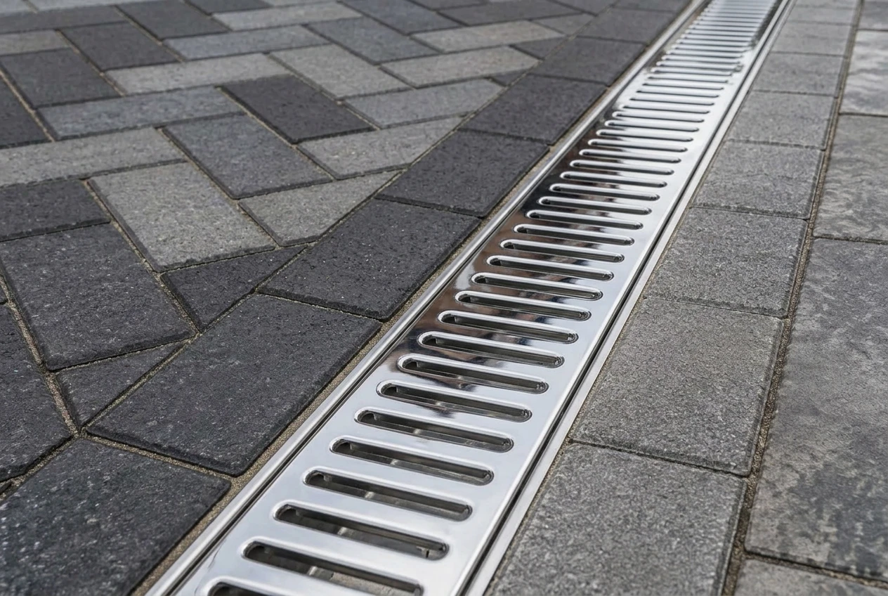 Close-up of a silver chrome slotted channel drain set flush beside newly laid monoblock paving to collect surface water.